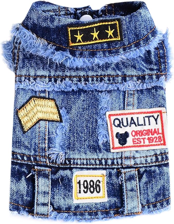 Cool Dog Jean Jacket Small Puppy Outfits Frenchie Clothes Denim Coats for Small Medium Dogs Cats Boys Girls Pet Vest Dog Shirt Clothing Doggy Costume (Blue Print, S（Suggest 4-6 lbs）)
