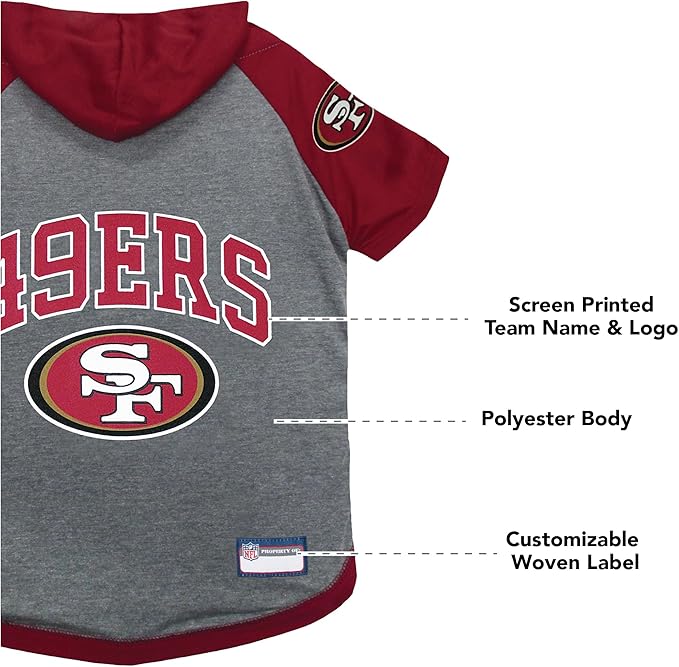 Pets First NFL San Francisco 49ers Hoodie for Dogs & Cats. | NFL Football Licensed Dog Hoody Tee Shirt, Small| Sports Hoody T-Shirt for Pets | Licensed Sporty Dog Shirt