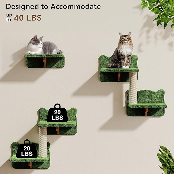 Cat Wall Shelves, Wall Mounted Pet Shelf Furniture w/Plush Fabric(20 Piece Set), 63''H Cat Tower w/Scratching Posts, Cats Furniture with 40''L Tunnel, Condos, House, Steps and Ladder, Green