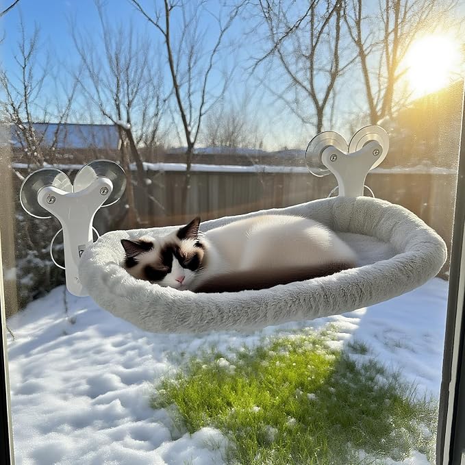 Cat Window Perch with 6 Strong Suction Cups,Mats That can be Switched Between Winter and Summer, Foldable Cordless Cat Beds Can Bear 50LBS Weight (White)