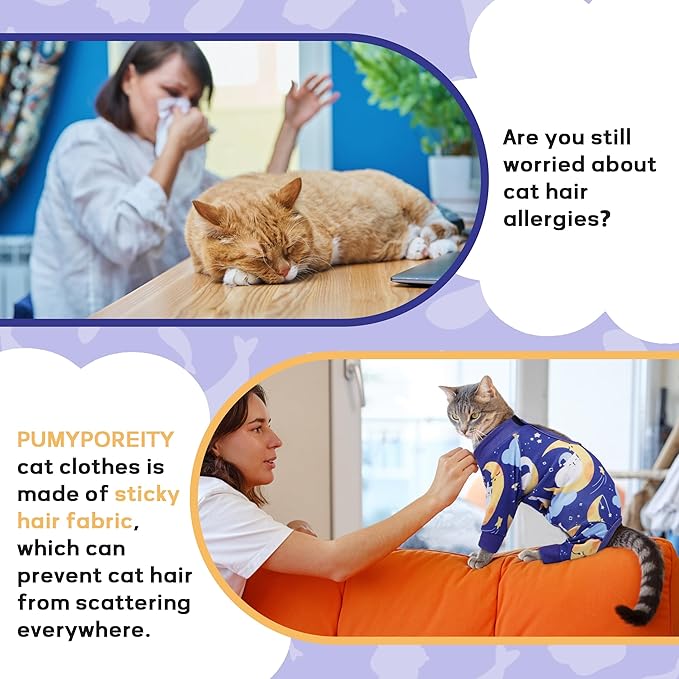 PUMYPOREITY Cat Hair Sticky Sweater, Stretchy 4-Leg Design for Fur Control, Recovery Suit - Breathable & Lightweight for Post-Surgery Protection, Cat Onsie Prevents Licking Wounds, Blue, XL