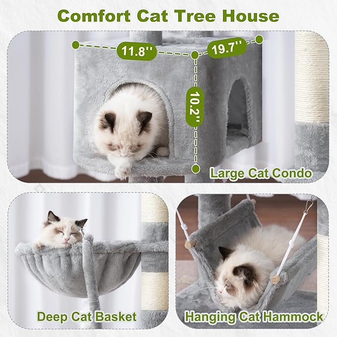 Cat Tree, Cat Tower for Large Cats with 2 Big Platforms, 2 Baskets, condo and Toys, 63" Cat Scratching Posts for Indoor Cats, Light Gray GCT020W