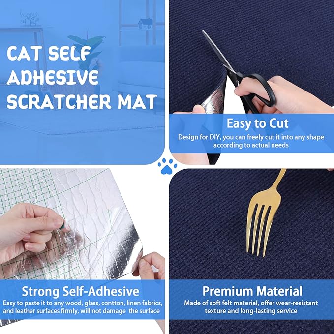 Climbing Cat Scratcher Mat Trimmable Cat Scratching Post Carpet 157.4’’x15.8’’ Self Adhesive Carpet Mat Pad Replacement for Cat Tree Shelves Post Couch Wall Furniture Steps DIY Protector (Dark Blue)