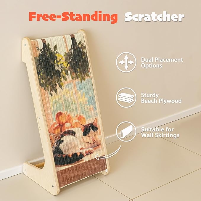 PETKARAY Art Cat Scratcher, 25.2" Sisal Scratching Ramp, L Shaped Scratch Pad for Indoor Cats, Oil Painting Cat Scratching Post