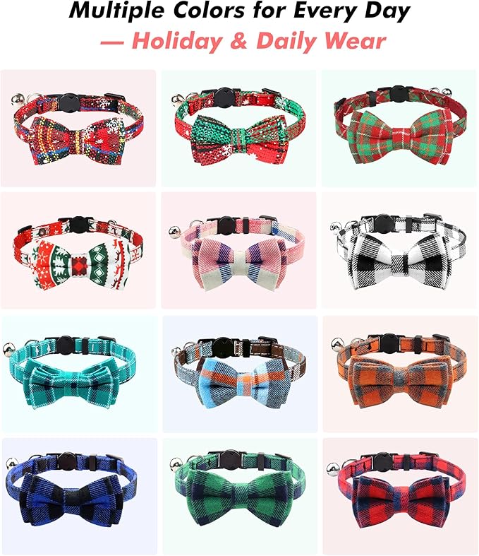 Joytale Upgraded Cat Collar with Bells, Breakaway Cat Collars with Bow Tie, 2 Pack Girl Boy Safety Plaid Kitten Collars, Green+Orange
