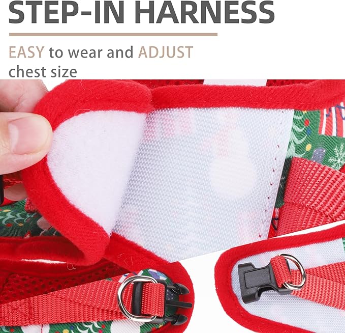 PUPTECK Adjustable Dog Harness Collar and Leash Set Step in No Pull Pet Harness for Small Medium Dogs Puppy and Cats Outdoor Walking Running, Soft Mesh Padded Reflective Vest Harnesses, Christmas, S