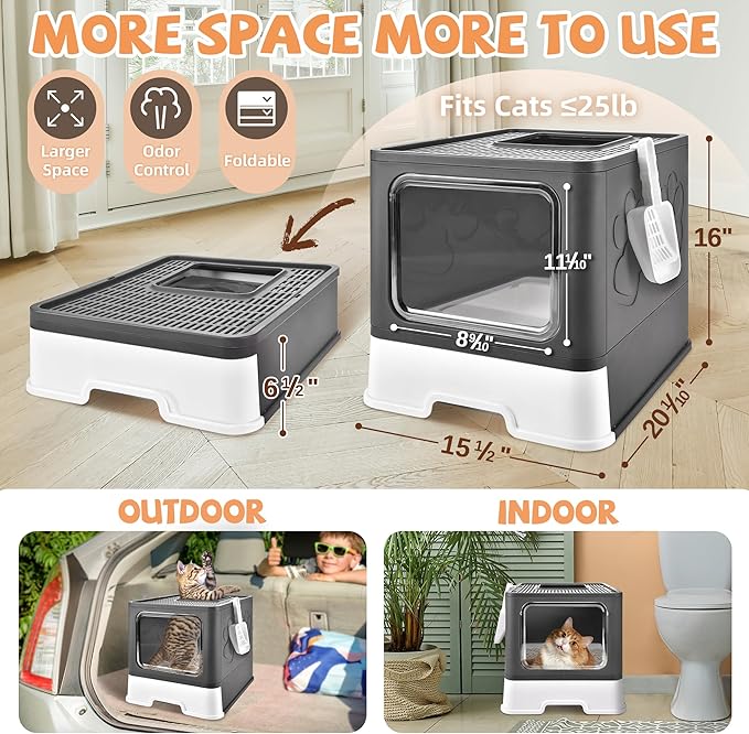 Cat Litter Box with Litter Mat, Foldable Extra Large Free in and Out/One-Way with Lid, Drawer Type Enclosed Kitty Litter Box,Odor Control Anti-Splashing Easy Cleaning (Dark Grey)