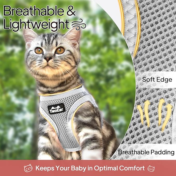 TwoEar Cat Harness Escape Proof, Soft Dog Vest Harness Adjustable, Breathable Mesh Step-in Puppy Walking Jacket Reflective Easy Control for Extral Small Pets for Outdoor Walking(XXS, Grey)
