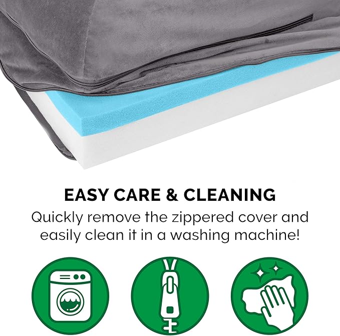 Furhaven Cooling Gel Dog Bed for Medium/Small Dogs w/ Removable Bolsters & Washable Cover, For Dogs Up to 35 lbs - Plush & Velvet L Shaped Chaise - Platinum Gray, Medium