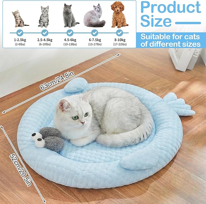 Hillban Cat Cooling Mat Fish Shaped Pet Cooling Mat for Cats or Small Dogs 24.8'' x 20.47'' Cat Cool Bed Soft and Comfortable Cool Pad Washable Non-Slip Bottom Use in Floor Bed Sofa Chair Kennel