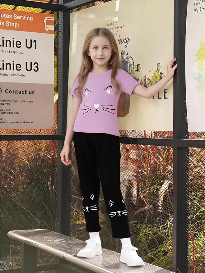 4-8T Toddler Girl Clothes Cat face print Short Sleeve Top+Pants Outfits Girl Spring and summer 2-Piece Set