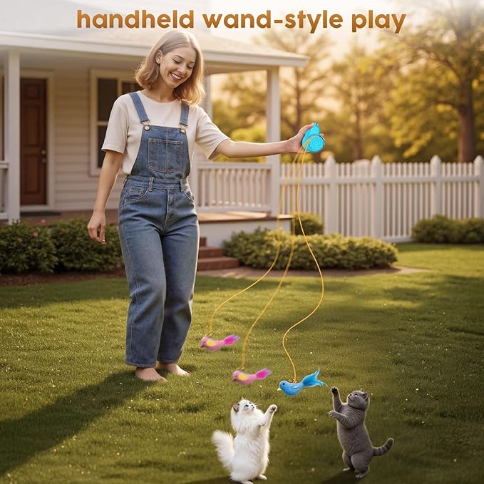 Interactive Cat Toys for Indoor Cats - Automatic Flying Bird Feather & Mouse Wand Enrichment Toy, Hands-Free or Handheld USB-Rechargeable Safe Play Chase Exercise for Bored Kittens and Adult Cats