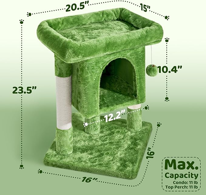 Yaheetech 23.5in Cat Tree, Cute Cat Tower for Indoor Cats with Wide Top Perch, Warm Condo, Sisal Scratching Posts for Large Cats, Green