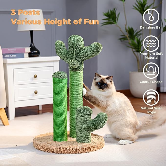 PAWZ Road Cat Scratching Post Cactus Cat Scratcher Featuring with 3 Scratching Poles and Interactive Dangling Ball -Large 27 Inches