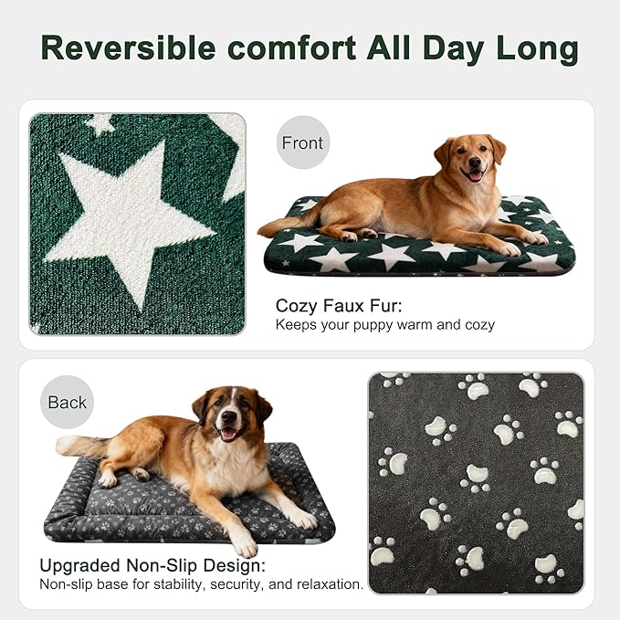 Washable Dog Bed Plush Orthopedic Outdoor Crate Mat with Non-Slip Bottom,Luxe Soft Kennel Pad for Pets, Cozy Cage Cushion & Pet Sleeping Mattress Large Sized,Medium,Small Dogs,36x24 inch,Green