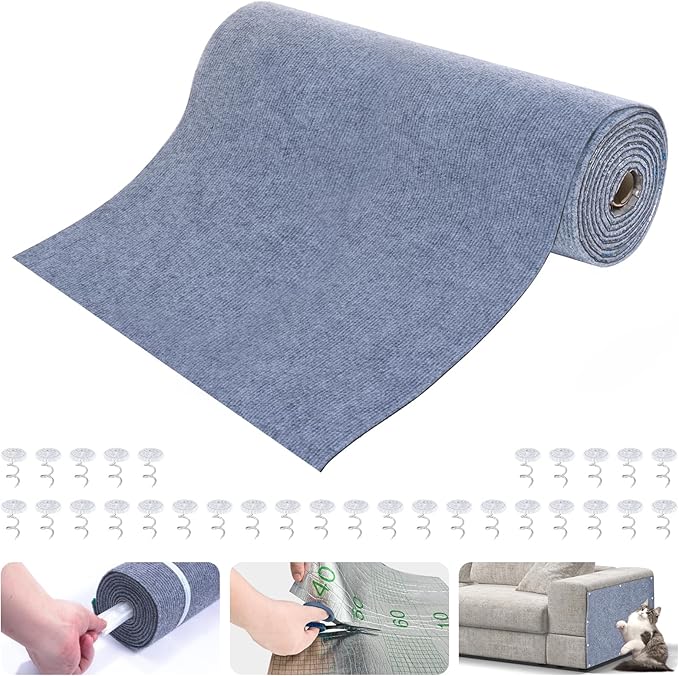 Large Cat Scratching Mat, 118"x15.8" Self-Adhesive Scratch Furniture Protector, Trimmable Wall Climbing Carpet, Couch Protector, Scratching Pad Replacement (Light Gray, 30 Nails)