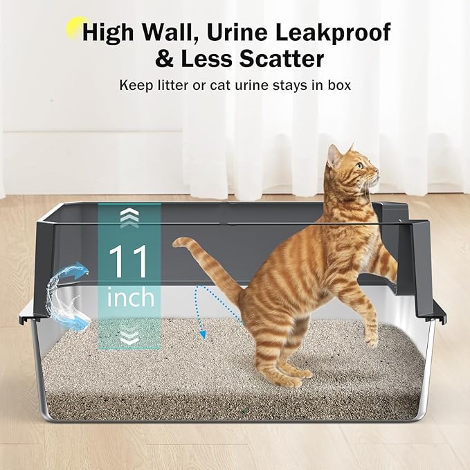 Stainless Steel Litter Box, Extra Large Litter Boxes for Big Cats, XLarge Metal Cat Litter Box with Lid, Anti-Urine Leakage XL Box with High Sides, Easy Clean, Non-Sticky, Scoop Included