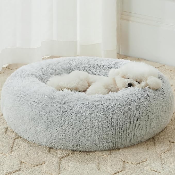 WNPETHOME Calming Dog Bed Cat Bed Donut, Faux Fur Pet Bed Self-Warming Donut Cuddler, Comfortable Round Plush Dog Beds (24 x 24 Inch, Light Grey)
