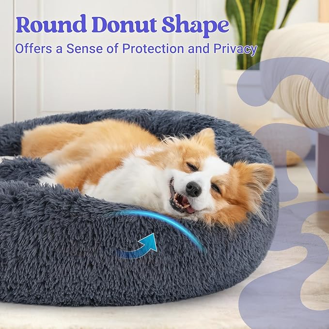 rabbitgoo Calming Dog Bed for Small Medium, 30 inches Pet Bed Machine Washable, Non-Slip Round Fluffy Plush Faux Fur Large Cat Cushion, Soft Donut Cuddler Cushion for Small Dogs, Dark Grey
