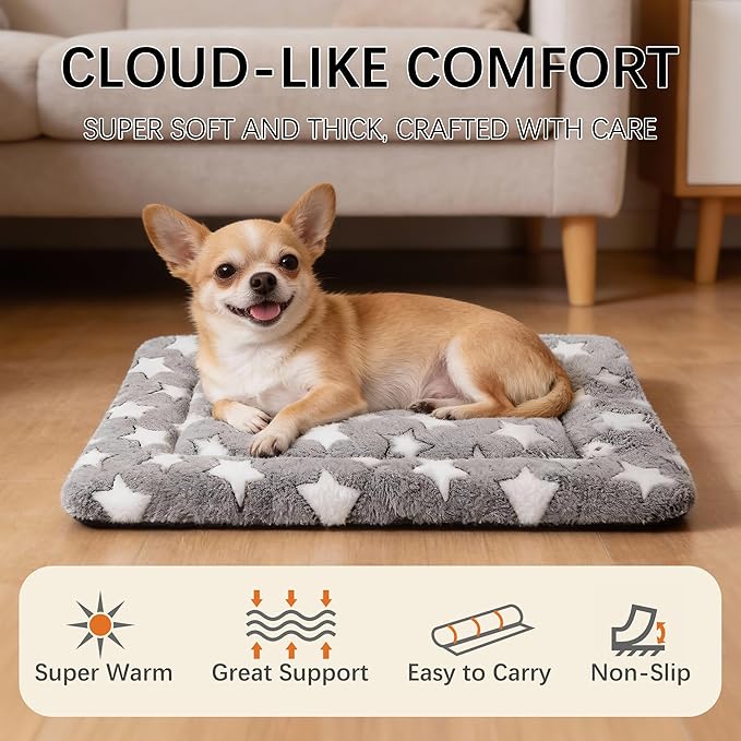Dog Bed Mat, Reversible Crate Pad & Cute Dog Bed - Machine Washable Kennel Mat with Ultra Soft for Small Dogs (Cool/Warm), 24" x 18", Grey&Star