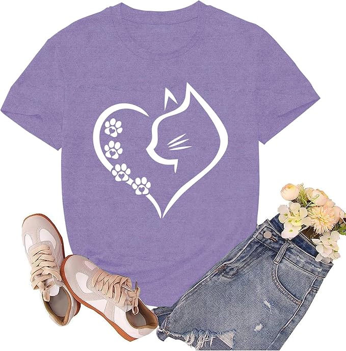 Cat Shirts for Women Cat Mom Tshirts Pet Lover Shirt Cats Paw Print Tee Tops
