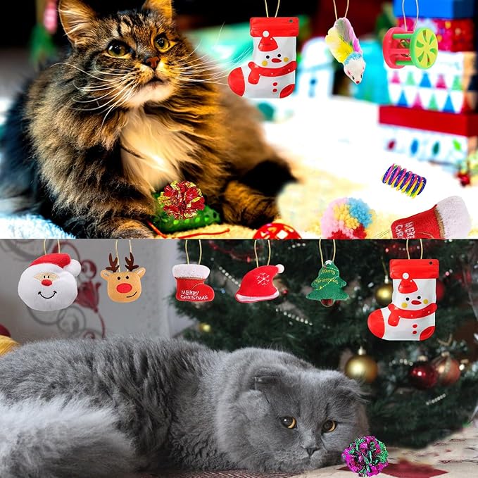 Christmas Cat Toys 19pcs, Christmas Stocking Assorted Toys Cat Gifts with Ball Toy, Cat Spring Toy, Mouse, Crinkle Balls, Interactive Cat Toy for Indoor Cats