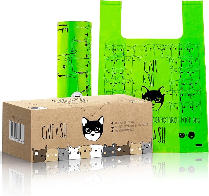 Certified Home Compostable Cat Litter Bags For Poop - 10% to Charity - Cornstarch-Based - For Cleaning Up Litter Trays - NF T51-800 Compliant - 30 Extra Large Disposable Bags