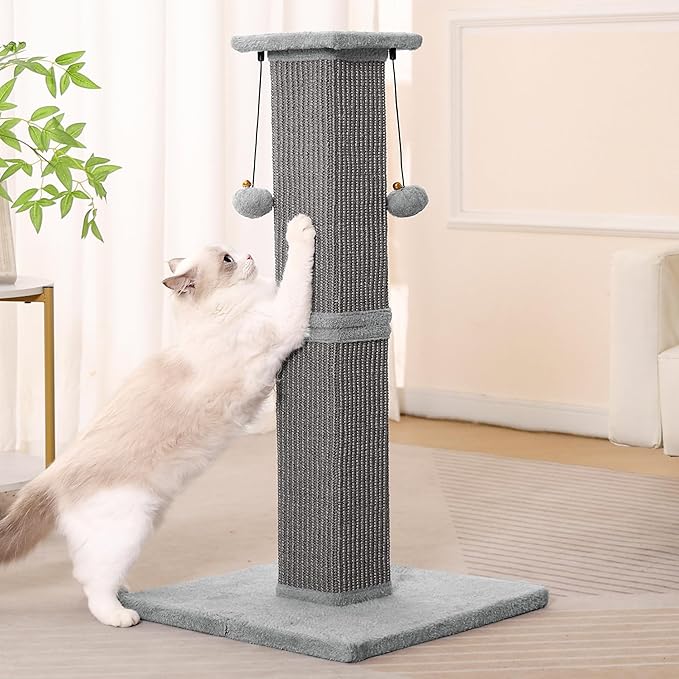 Large Cat Scratching Post with Heavy Duty Base 33" Sturdy Square Sisal Scracher Post and 2 Interactive Hanging Balls for Big Cats-Grey