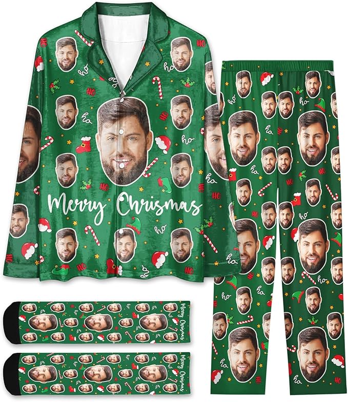Custom Face Pajamas for Women Men,Personalized Dog Cat Pet Pajamas Set,Christmas Long Sleeve Sleepwear Pjs
