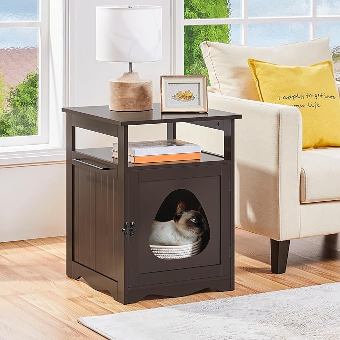 Yaheetech Cat Litter Box Enclosure, Hidden Litter Box Furniture with Open Shelf, Indoor Cat Washroom, Storage Cabinet Pet Crate, Side End Table, Wooden Pet House Espresso