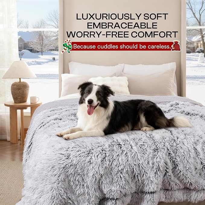 Luciphia Large Waterproof Dog Blanket for Pet Washable Liquid Proof Bed Intimacy Protection Shaggy Plush Calming Long Faux Fur Couch Cover Calming Cat Throw Blankets, Mist Grey, 50" x 60"