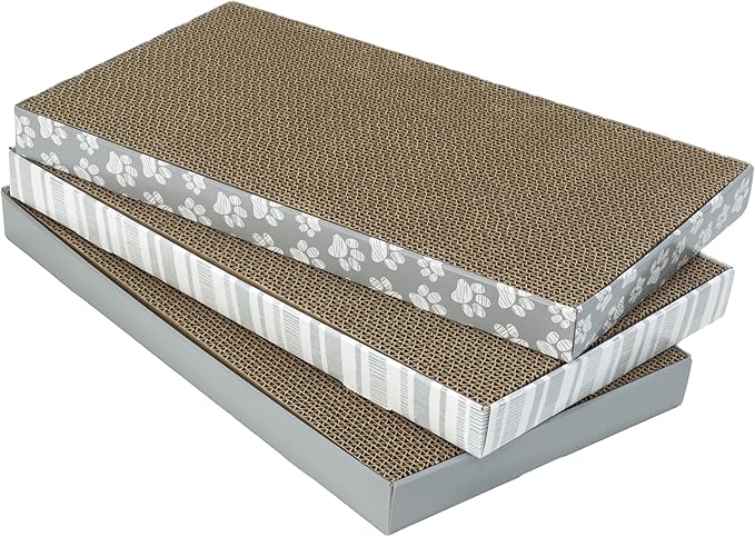 Kitty City Cat Scratcher– 3-Pack Durable Corrugated Cardboard Scratch Pads with Catnip – Double-Sided for Longer Use, Cat Claw Maintenance & Furniture Protection - Size: 10" x 18" - Grey & White