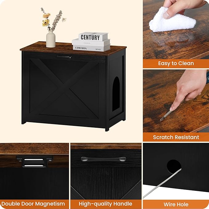 Dwanton Cat Litter Box Furniture Hidden, Cat Litter Box Enclosure, Reversible Entrance Can Be on Left or Right Side, Indoor Cabinet, Wooden Washroom, End Table, Black and Rustic Brown, 27.6" L