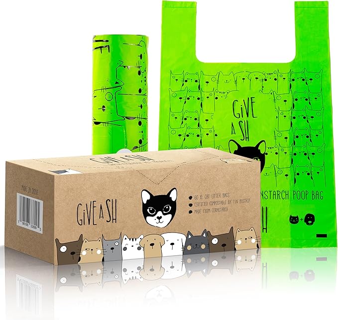 Certified Home Compostable Cat Litter Bags For Poop - 10% to Charity - Cornstarch-Based - For Cleaning Up Litter Trays - NF T51-800 Compliant - 60 Extra Large Disposable Bags