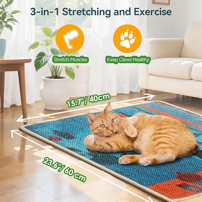 3-in-1 Sisal Cat Scratcher Mat 23.6x15.7'' – Floor & Wall Use with Sticker Tape, Protects Furniture, Couch & Carpet, Anti-Slip, Pet-Safe, Durable Scratch Rug Mat or Indoor/Outdoor Cats, Blue Silence