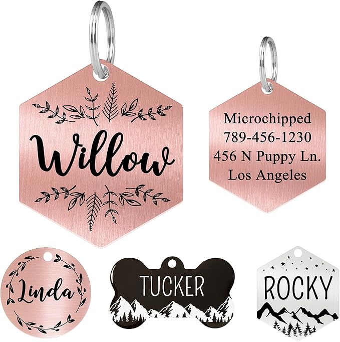 Ultra Joys Stainless Steel Pet ID Dog Name Tag - Personalized Front and Back Engraving, Customized for Dogs and Cats, Optional Both Sides Engraving, Hexagon Vine Design, Rose Small