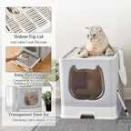 Vealind Covered Litter Box with Lid, Low Entry Kitten Small Litter Box Enclosure with Scooper and Brush, Anti-Splashing Top Entry Litter Box Grey