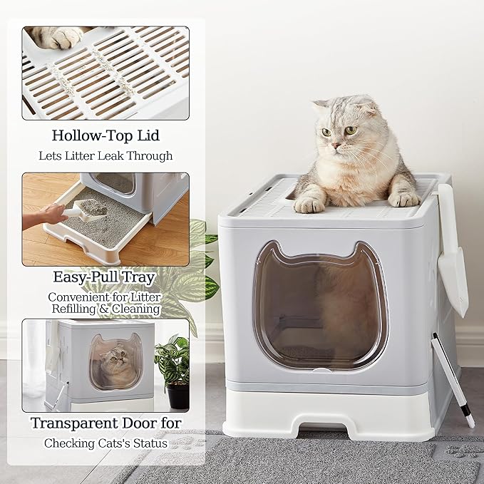 Vealind Covered Litter Box with Lid, Low Entry Kitten Small Litter Box Enclosure with Scooper and Brush, Anti-Splashing Top Entry Litter Box Grey