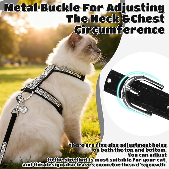 EXPAWLORER Cat Harness and Leash Set - Escape Proof Adjustable Cat Harness, H-shped Comfortable Soft Lightweight Kitten Harness for Outdoor Walking, for Small Medium Cats,Black Rhinestones S