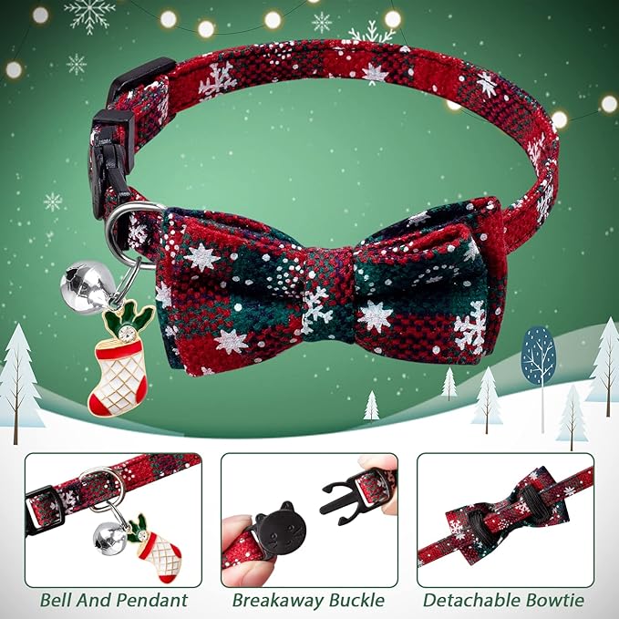 LLHK 4 Pack Christmas Cat Collars with Bow Tie and Bell,Breakaway Kitten Collar for Girl Boy Cats,Adjustable 7-12inch, for Kitty Kitten Adult Cats,Pet Supplies,Stuff,Accessories