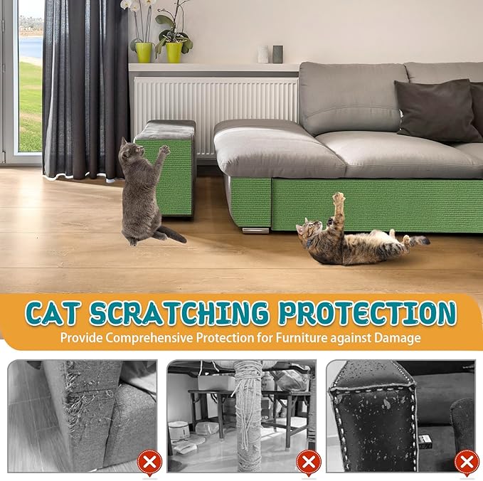 Climbing Cat Scratcher Mat Trimmable Cat Scratching Post Carpet 157.4’’x15.8’’ Self Adhesive Carpet Mat Pad Replacement for Cat Tree Shelves Post Couch Wall Furniture Steps DIY Protector (Green)