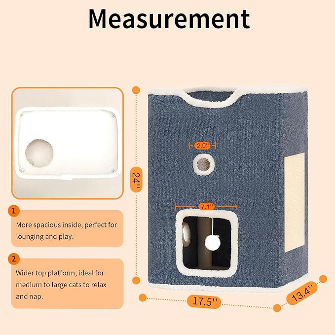 Cat House, Cat Beds for Indoor Cats, 2-Story Cat Condo Cube with Scratch Pad and Fluffy Ball Hanging, Multi-Level Cozy Hideout Ideal for Multiple Cats