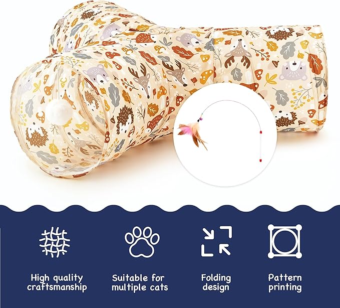 Tempcore Pet Cat Tunnel Tube Cat Toys 3 Way Collapsible, Cat Tunnels for Indoor Cats，Kitty Tunnel Bored Pet Toys Peek Hole Toy Ball Puppy, Kitty, Kitten, Rabbit Beige Deer