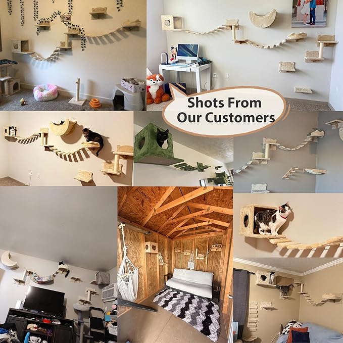 Cat Wall Shelves, Wall Mounted Pet Shelf Furniture w/Plush Fabric(20 Piece Set), 63''H Cat Tower w/Scratching Posts, Cats Furniture with 40''L Tunnel, Condos, House, Steps and Ladder, Beige