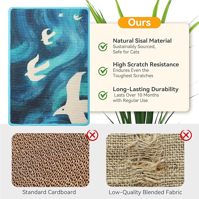 3-in-1 Sisal Cat Scratcher Mat 23.6x15.7'' Protects Carpet Couch & Furniture with Sticker Tape, Floor & Wall Cat Scratching Pad, Anti-Slip, Durable for Indoor Outdoor Cats (Blue Skyward)