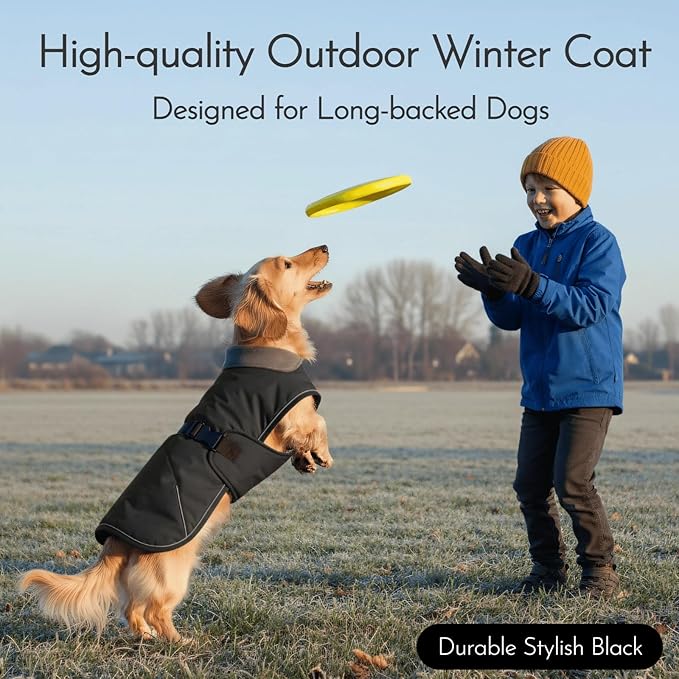 Waterproof & Windproof Dachshund Coat with Adjustable Bands, Thick Weiner Vest Raincoat for Large Sausage Dog, Weenie Winter Puffer Coat, Outdoor Snowsuit for Dachshunds, Male Female Dog(Black, L)