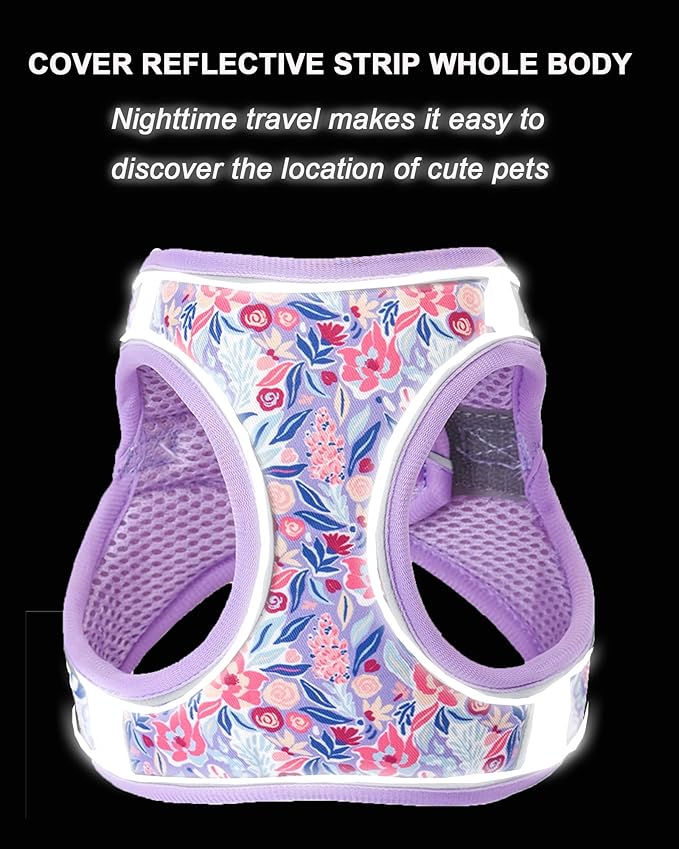 Light Purple Flower Pattern Dog Harness and Leash Set,No Escape Puppy Harnesses for Training Walking，Breathable Adjustable Puppy Vest for Small Medium Dogs, Cats (Light Purple, XXS)