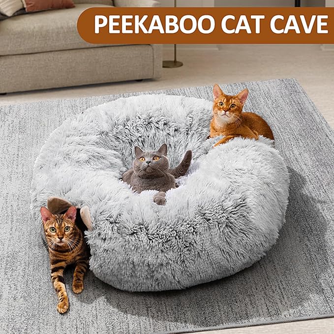 Cat Tunnel with Cat Bed for Indoor Cats, Under Christmas Tree Soft Plush Peekaboo Cat Cave Donut Tunnel, Multifunctional Playground Toys Hideplace for Kittens, Rabbit, Ferret (Grey)