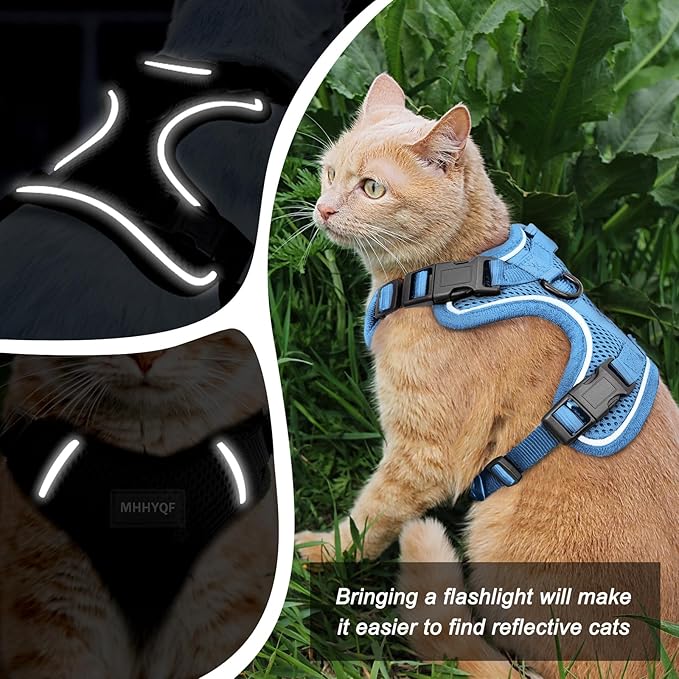Cat Harness and Leash Set for Walking Escape Proof, Improved Four Place Adjustable Cat Car Harness, Soft Kittens Vest with Reflective Strip for Cats, Comfortable Outdoor Vest, Blue, XS