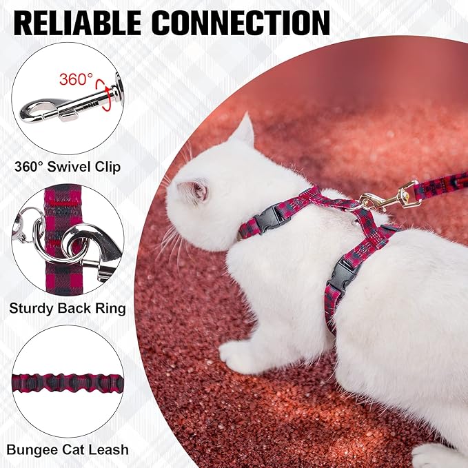 BEAUTYZOO Cat Harness and Leash Set Escape Proof for Walking, Kitten Soft Adjustable Vest Harnesses for Small Medium Large Cats, Easy Control Breathable Plaid Ribbon Nylon for Outdoor Indoor Use